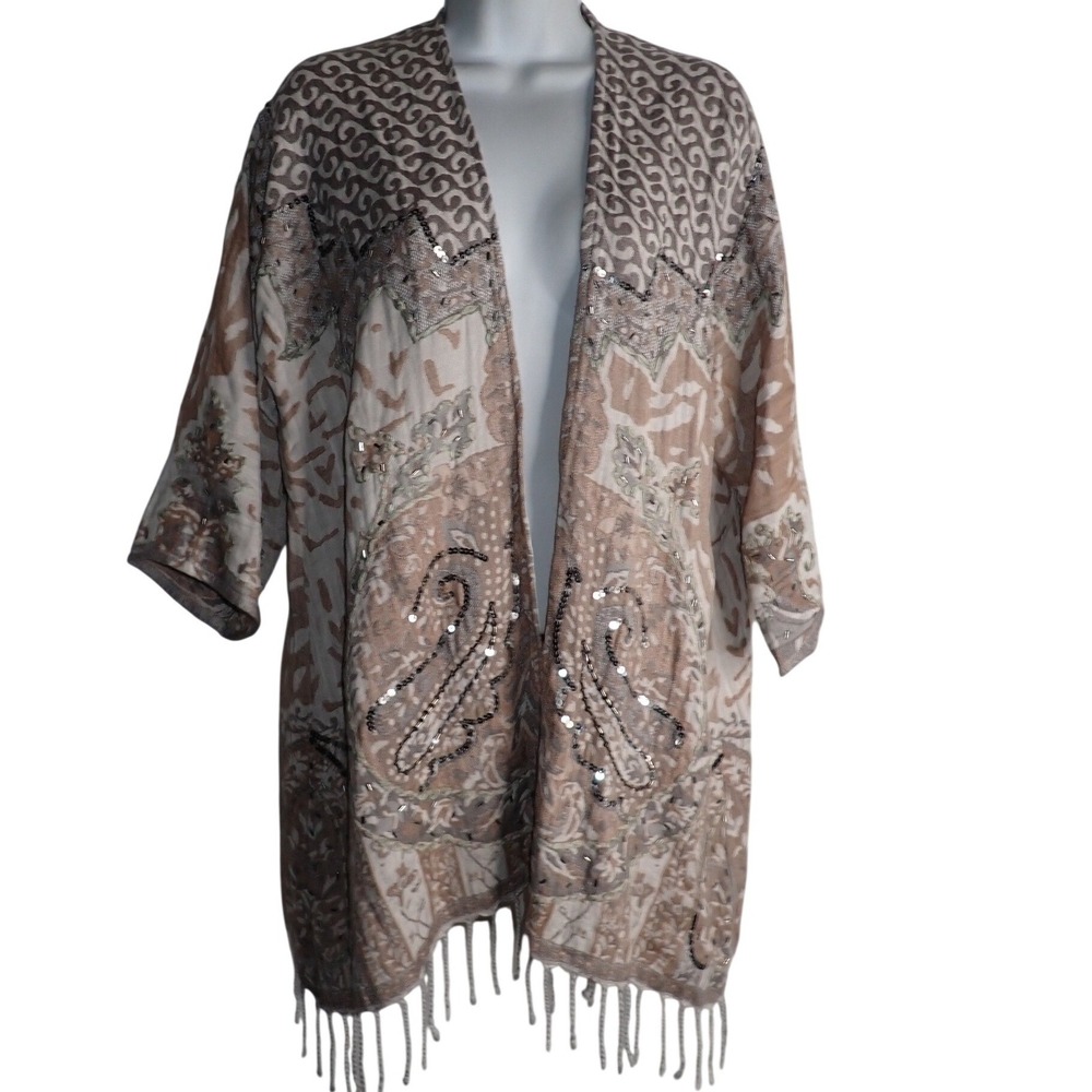 Soft Surroundings Women Paisley Sequin Fringe Open Front Cardigan Kimono PS/PM